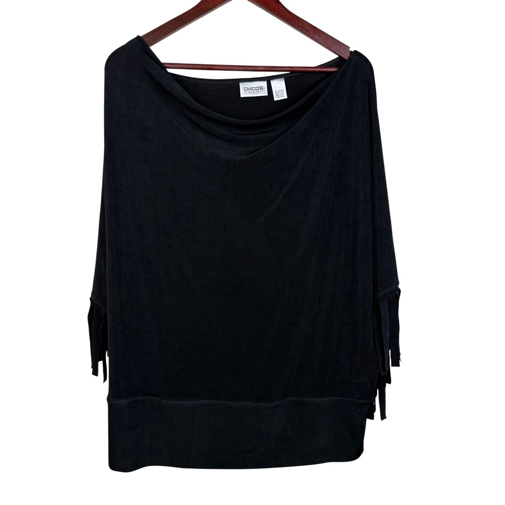 Chico's‎ Travelers Fringe Tunic Top Women's M/L Black Boat Neck 3/4 Sleeve
